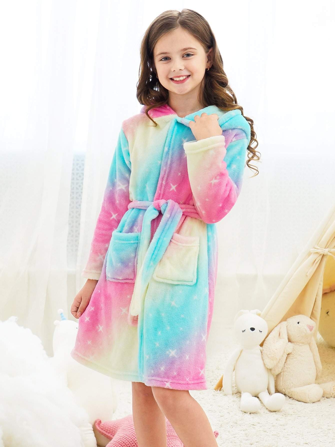 Doctor Unicorn Rainbow Pink Stars Soft Hooded Rainbow Bathrobe Sleepwear for Girls Doctor Unicorn