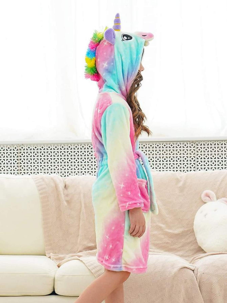 Unicorn Girls Robes Pajamas Rainbow Pink Hooded Soft Onesie Lounge Bathrobe For Girls With 3D-ear Belted, Dual Pocket - Doctor Unicorn