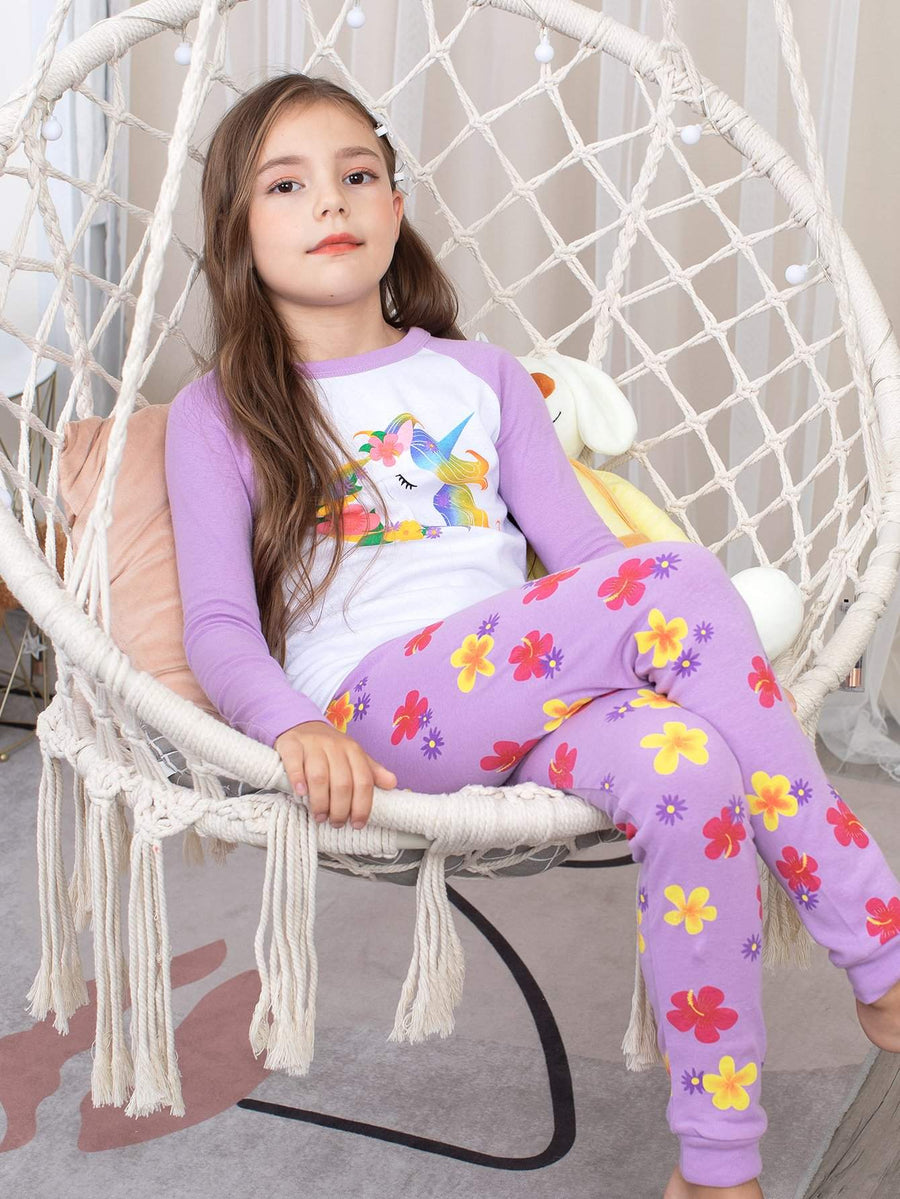 Girls' Snug Fit Cotton Pajama Set Sleepwear Floral Unicorn