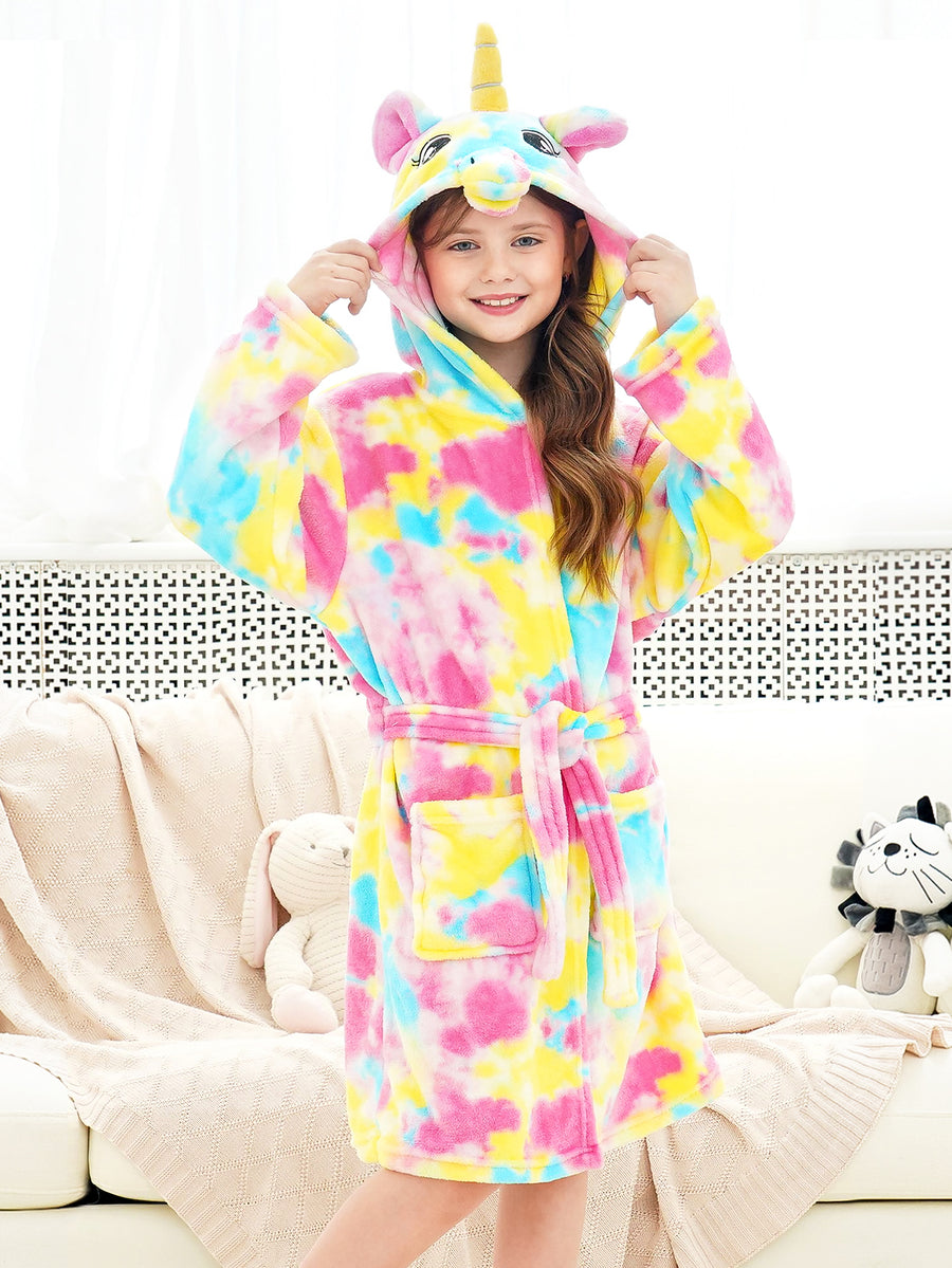 Unicorn Girls Robes Pajamas Pink Tie-dye Soft Onesie Hooded Bathrobe Sleepwear Matching Slippers For Girls - Doctor Unicorn