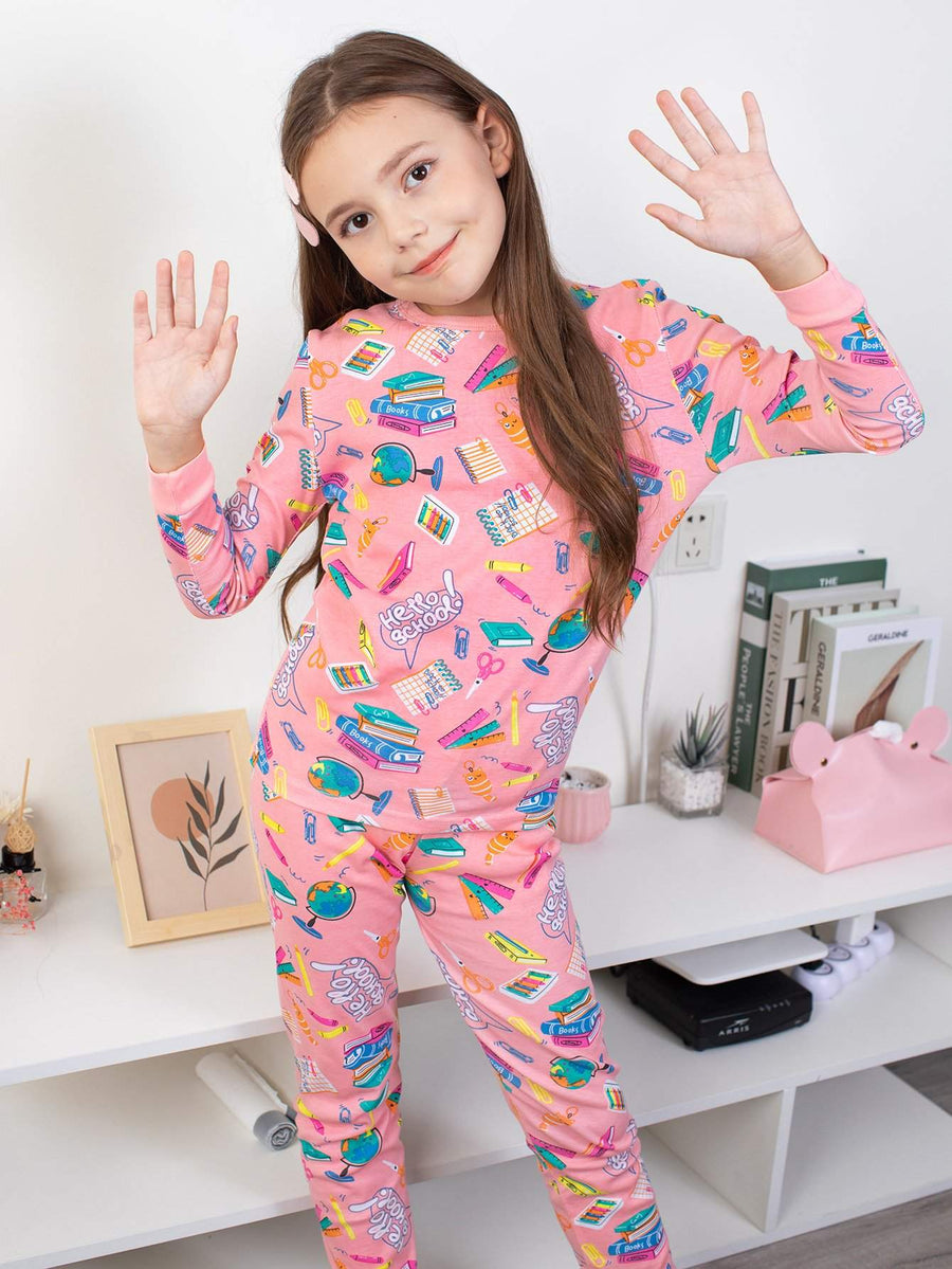Girls' Snug Fit Cotton Pink Pajama Set Sleepwear