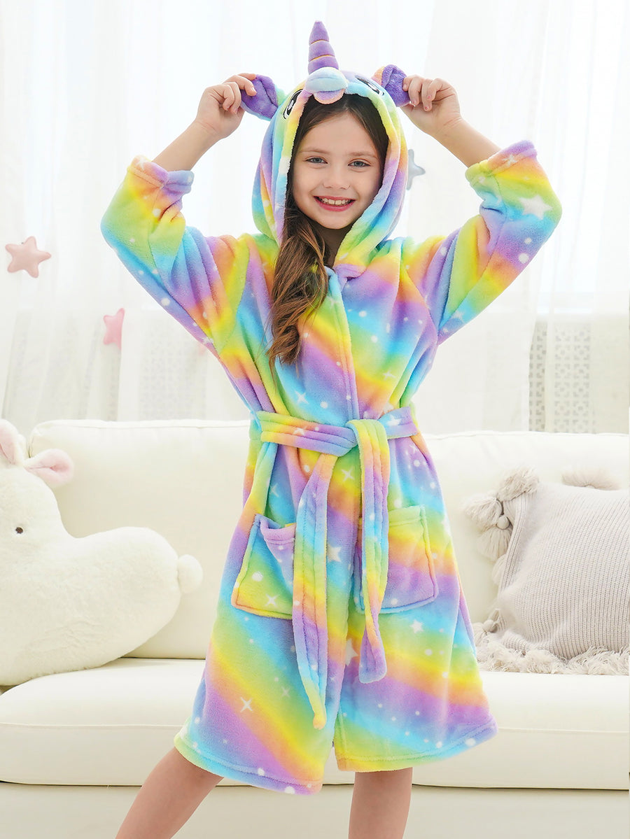 Unicorn Girls Robes Pajamas Bright Rainbow Soft Onesie Hooded Bathrobe Sleepwear for Girls With Star Dots - Doctor Unicorn