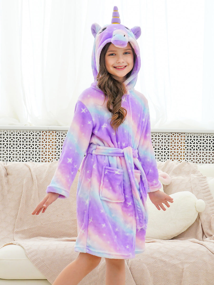 Unicorn Girls Robes Pajamas Bright Purple Galaxy Soft Onesie Hooded Rainbow Bathrobe Sleepwear For Girls - Doctor Unicorn