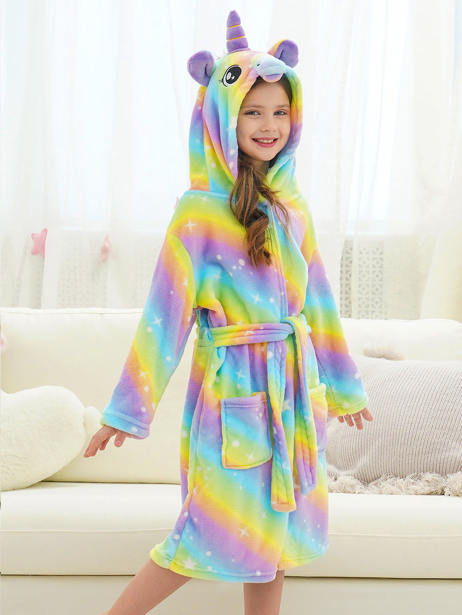 Unicorn Girls Robes Pajamas Bright Rainbow Soft Onesie Hooded Bathrobe Sleepwear for Girls With Star Dots - Doctor Unicorn