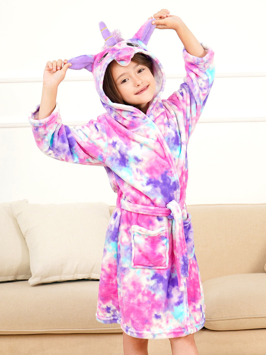 Unicorn Girls Robes Pajamas Purple Tie-dye Star Dots Soft Onesie Hooded Rainbow Bathrobe Sleepwear For Girls - Doctor Unicorn