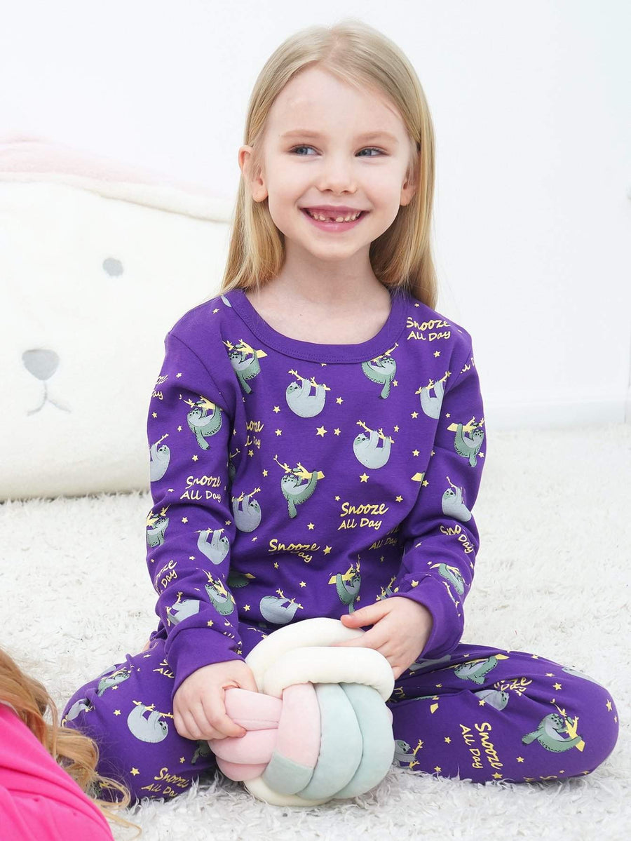 Girls' Snug Fit Cotton Sheep Purple sloth Pajama Set Sleepwear