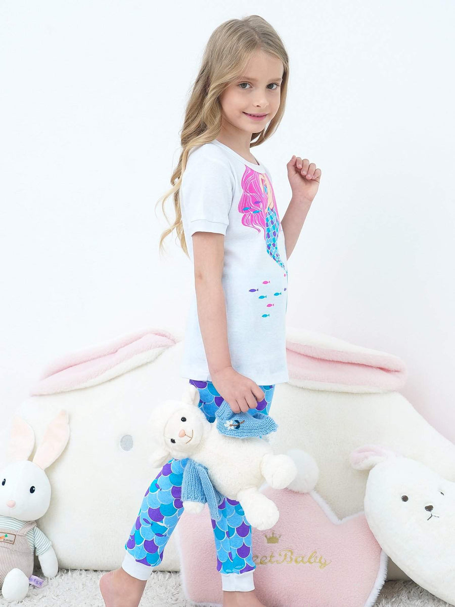 Girls' Snug Fit Cotton White Mermaid Pajama Set Sleepwear