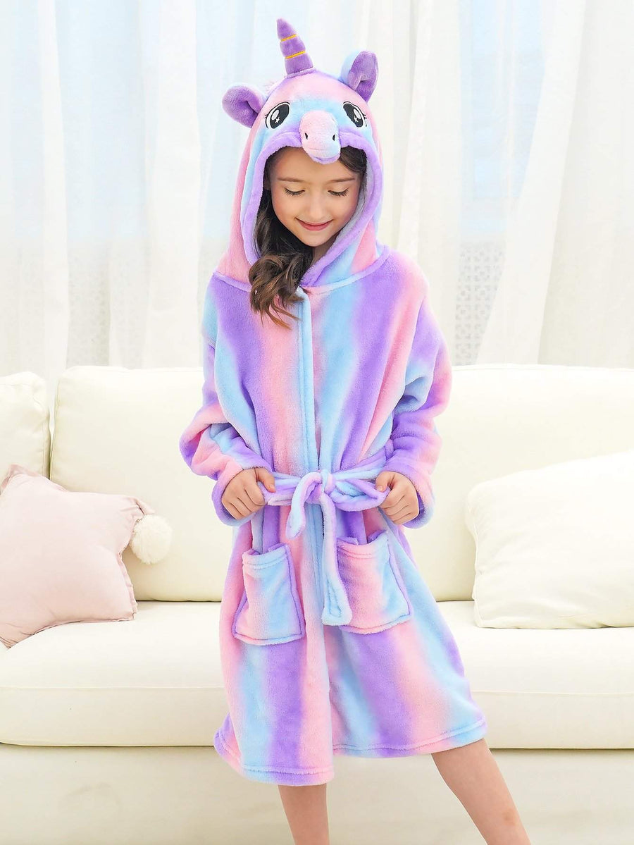 Unicorn Girls Robes Pajamas Bright Purple Onesie Hooded Soft Lounge Bathrobe For Girls With 3D-ear Belted, Dual Pocket - Doctor Unicorn