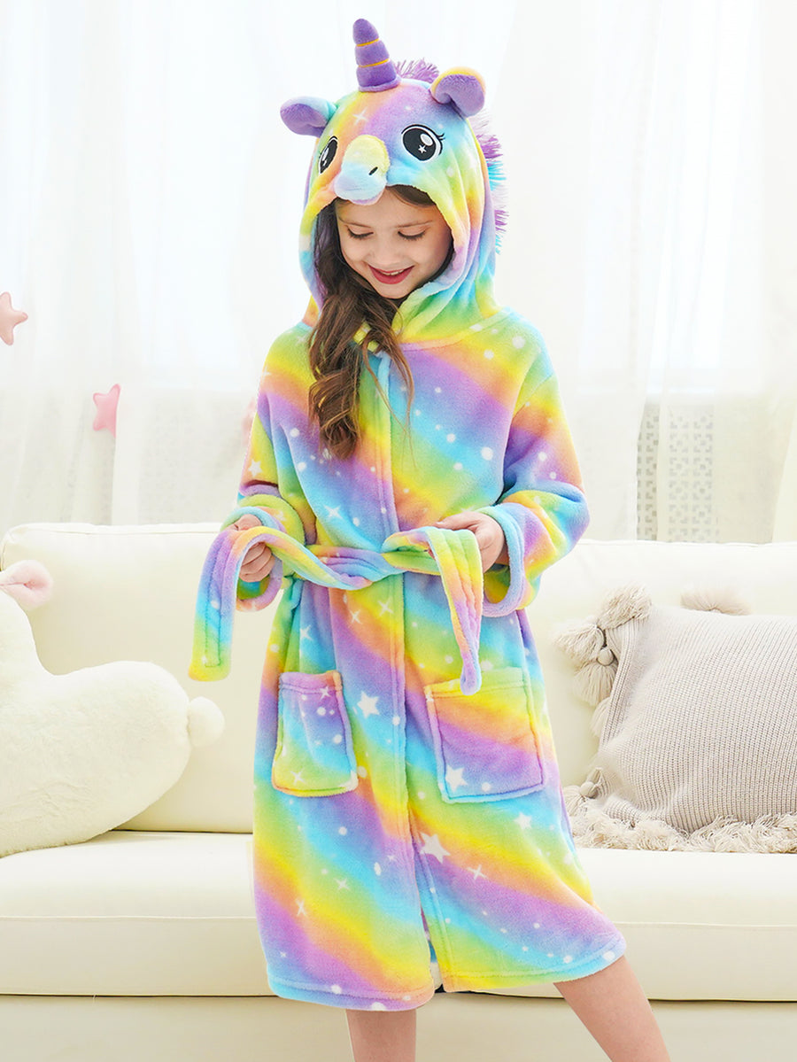 Unicorn Girls Robes Pajamas Bright Rainbow Soft Onesie Hooded Bathrobe Sleepwear Matching Slippers For Girls - Doctor Unicorn
