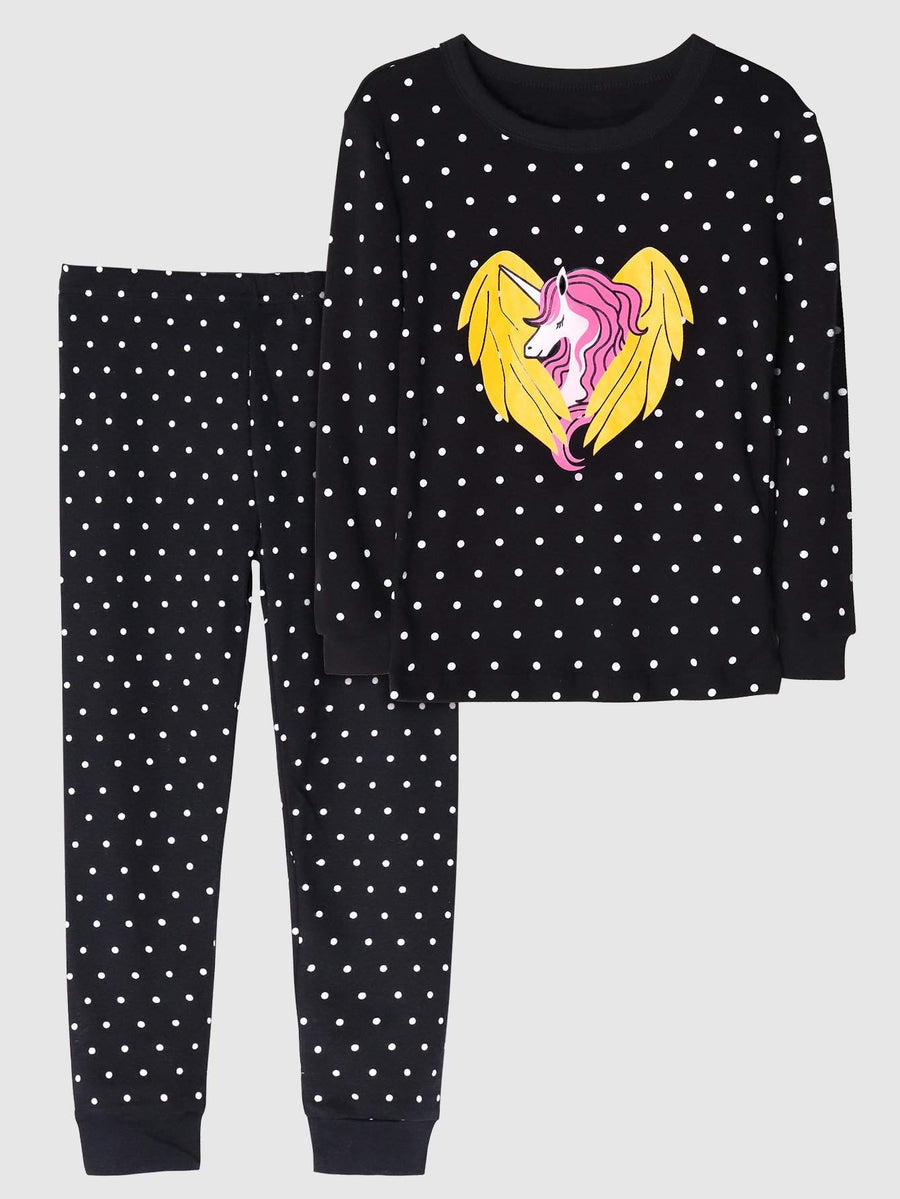 Girls' Snug Fit Cotton Black Unicorn Pajama Set Sleepwear