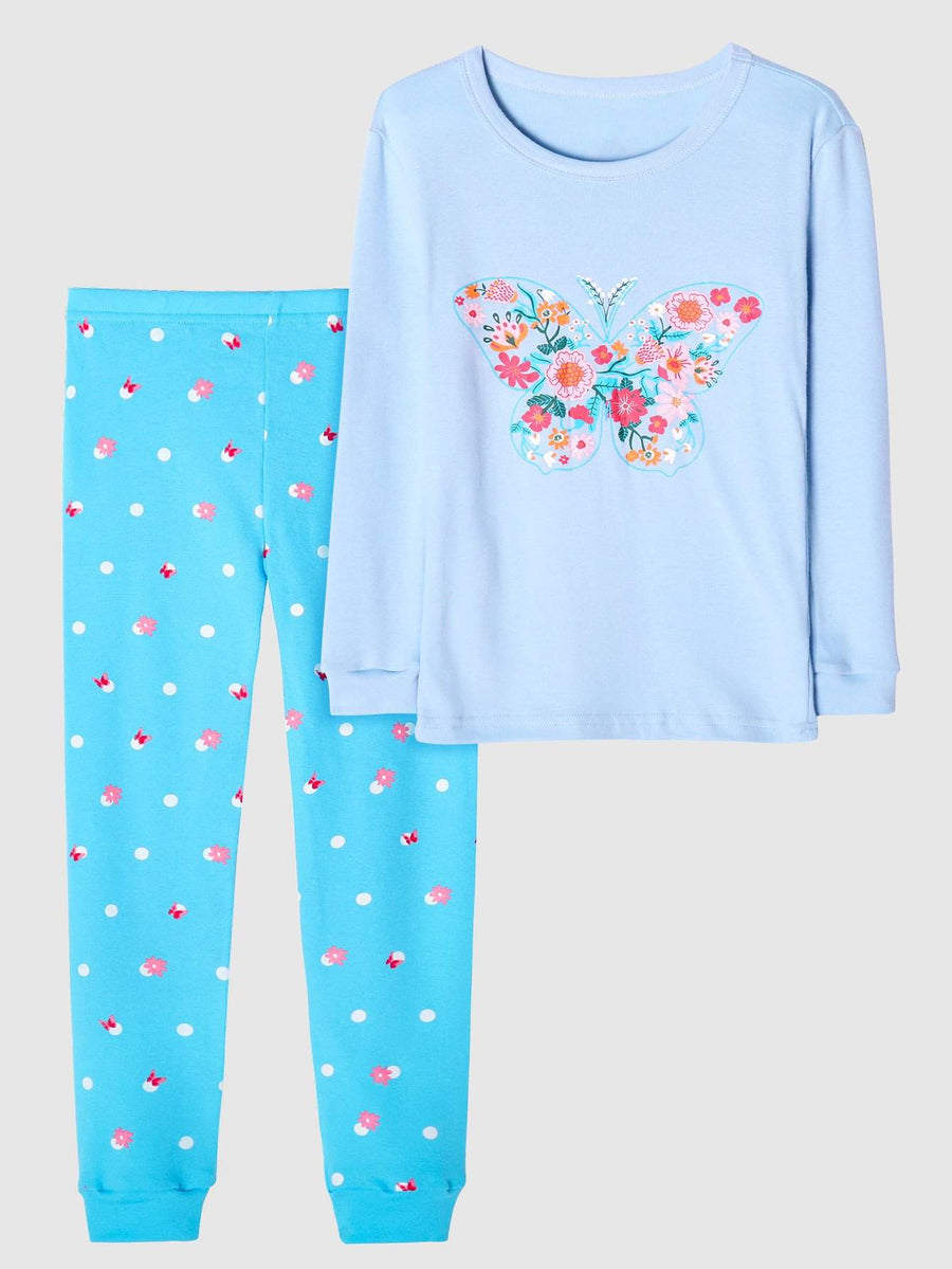 Girls' Snug Fit Cotton Sheep Blue Butterfly sloth Pajama Set Sleepwear