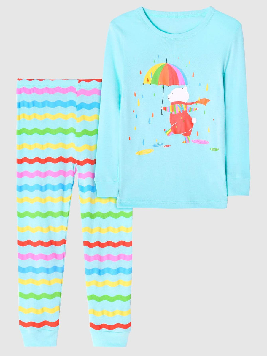 Girls' Snug Fit Cotton Rainbow Bear Pajama Set Sleepwear