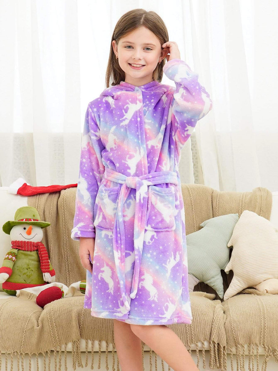 Unicorn Girls Robes Pajamas Bright Purple Soft Onesie Hooded Rainbow Bathrobe Sleepwear For Girls - Doctor Unicorn