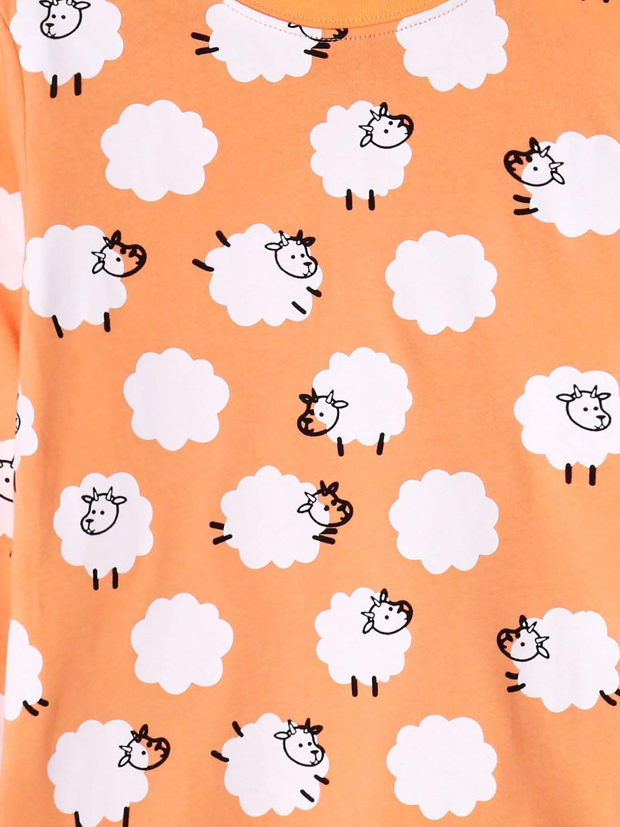 Girls' Snug Fit Cotton Orange Red Sheep Pajama Set Sleepwear