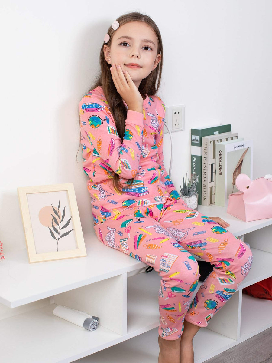 Girls' Snug Fit Cotton Pink Pajama Set Sleepwear