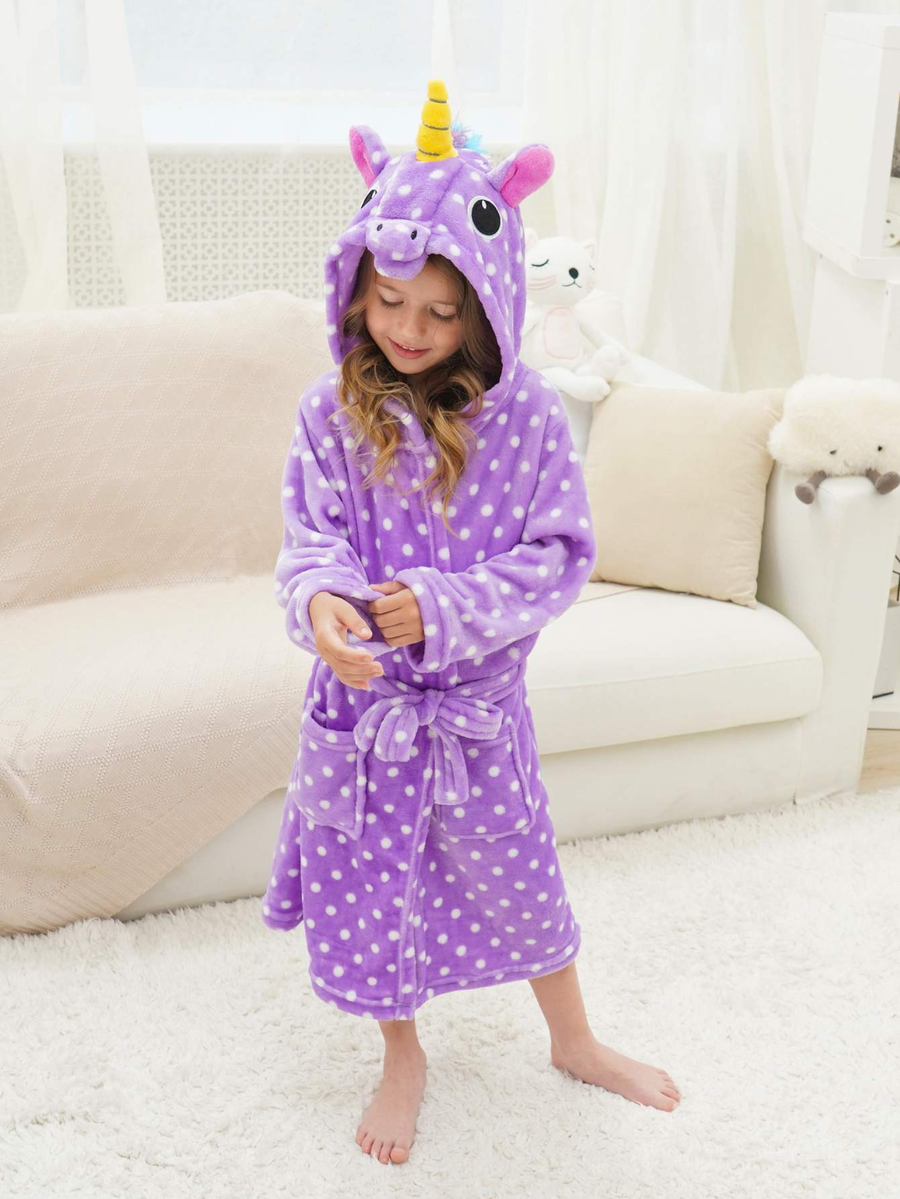 Unicorn Girls Robes Pajamas Solid Purple Soft Onesie Hooded Bathrobe Dots Sleepwear - Doctor Unicorn