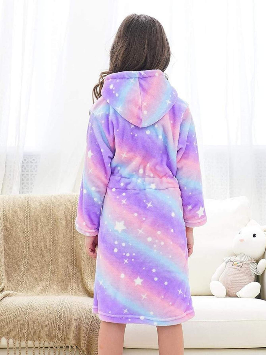 Unicorn Girls Robes Pajamas Soft Hooded Onesie Rainbow Bathrobe Sleepwear For Girls With Bright Purple Star Dots  - Doctor Unicorn