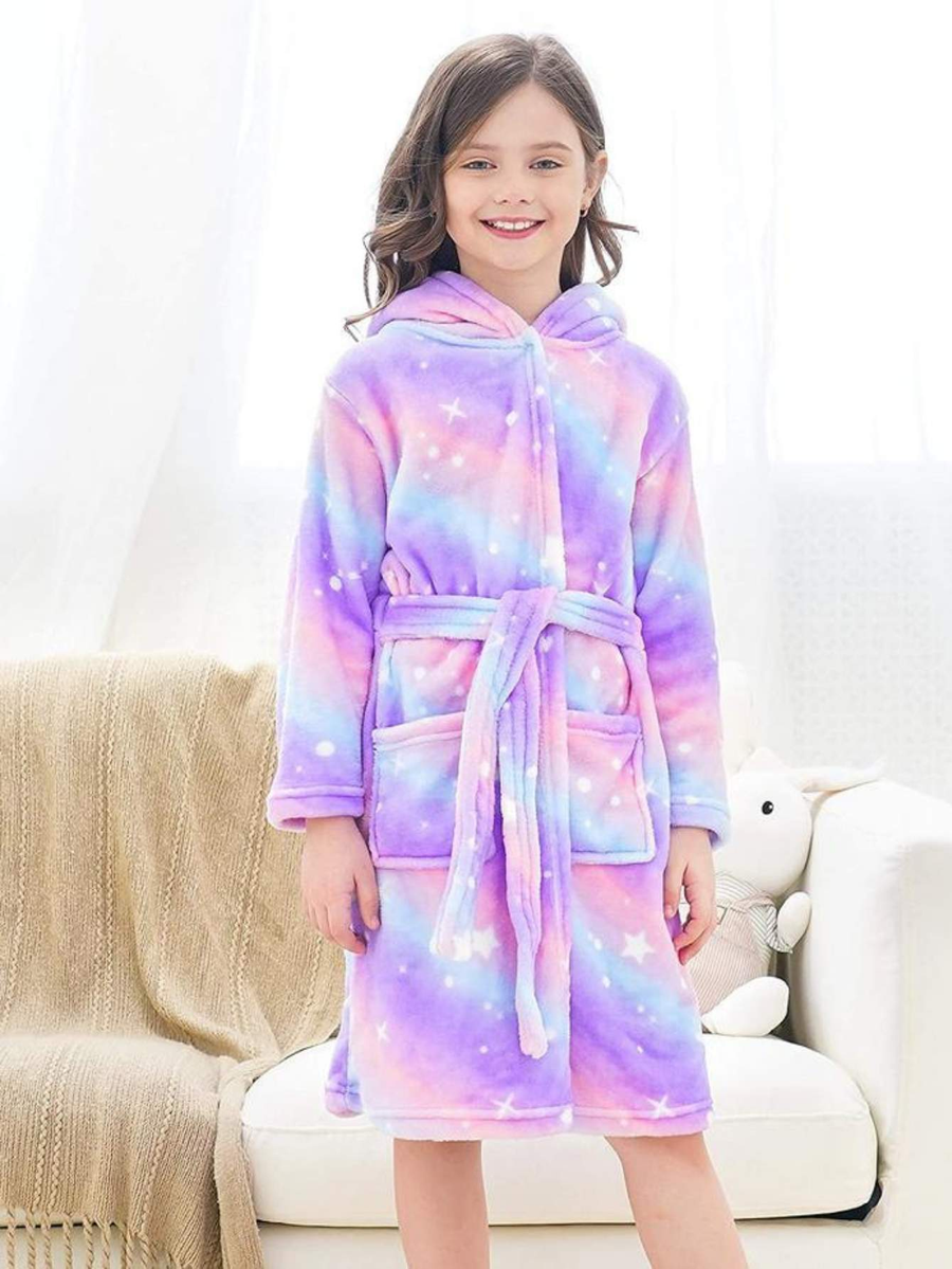 Doctor Unicorn Rainbow Pink Stars Soft Hooded Rainbow Bathrobe Sleepwear  for Girls - Doctor Unicorn