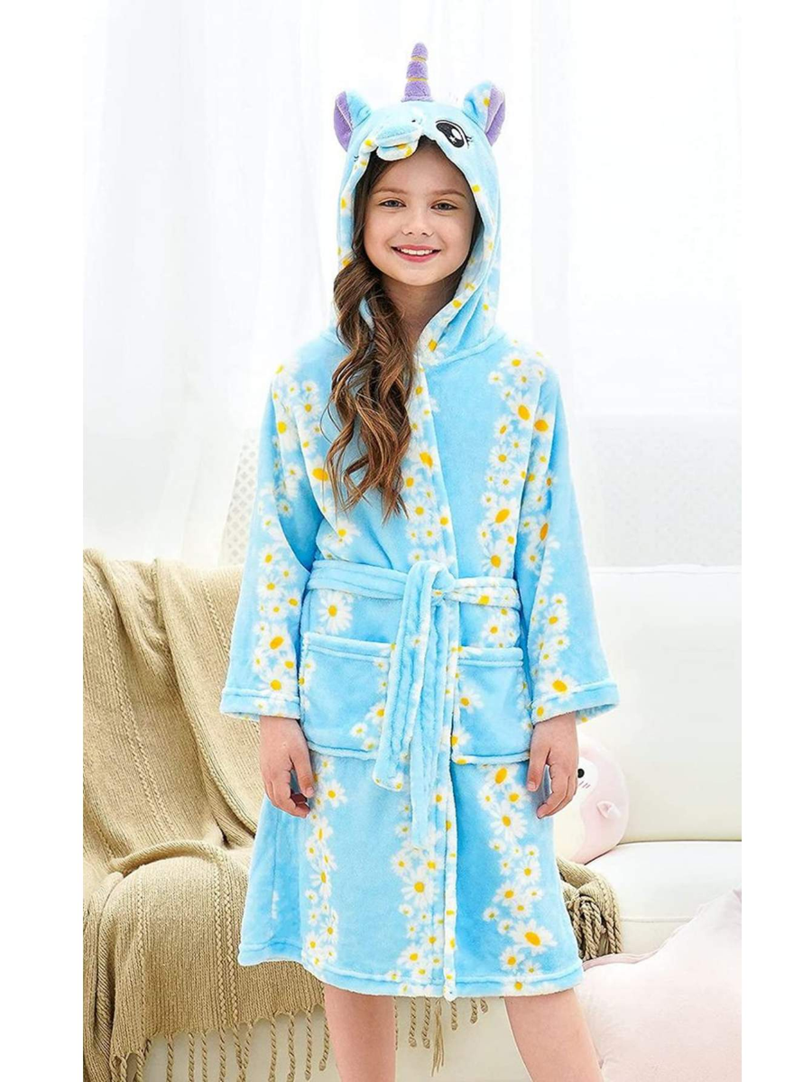Unicorn Girls Robes Pajamas Blue Daisy Soft Onesie Hooded Bathrobe Sleepwear For Girls - Doctor Unicorn