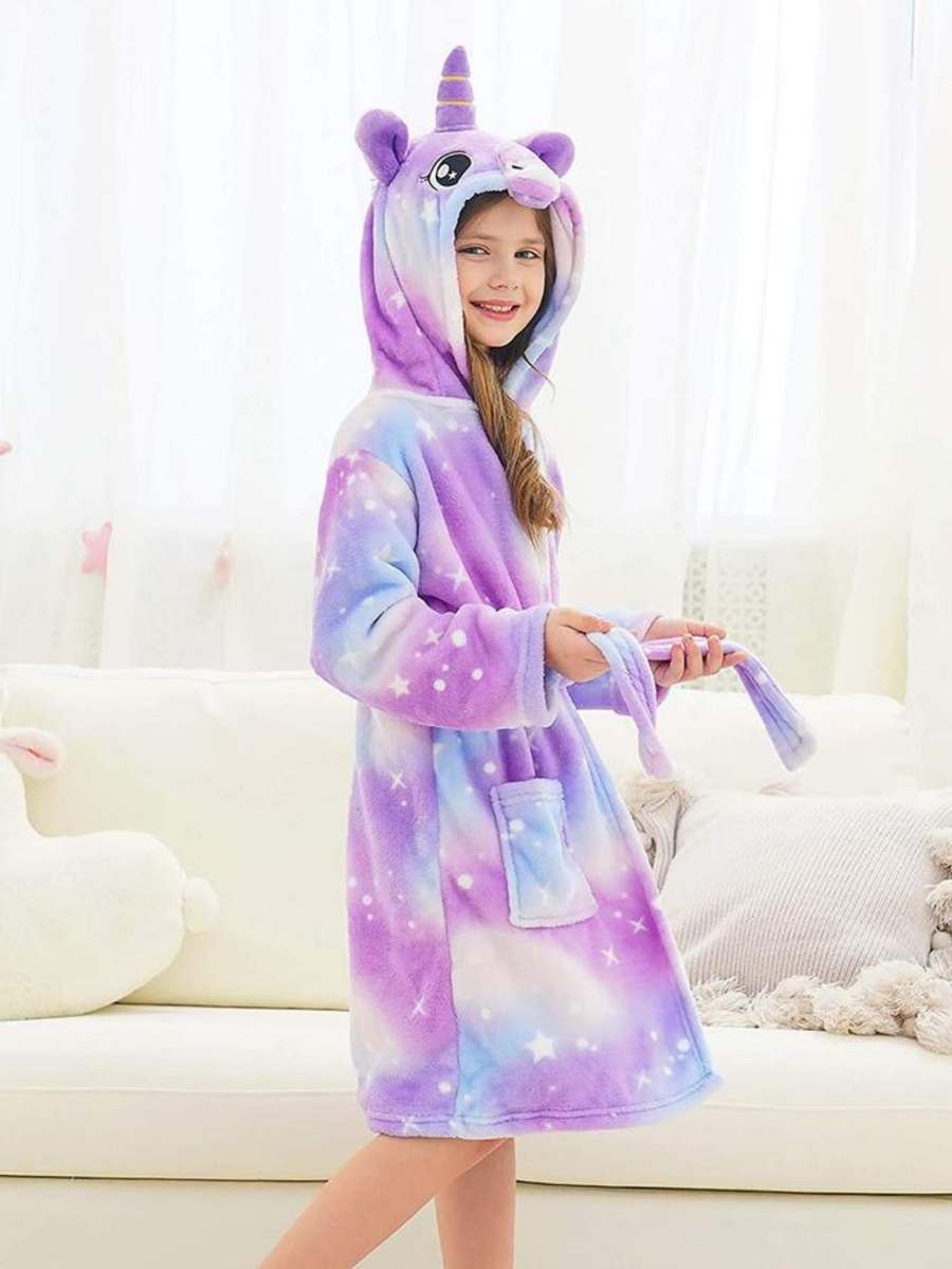 Unicorn Girls Robes Pajamas Purple Hooded Onesie Soft Lounge Bathrobe For Girls With 3D-ear Belted, Dual Pocket - Doctor Unicorn