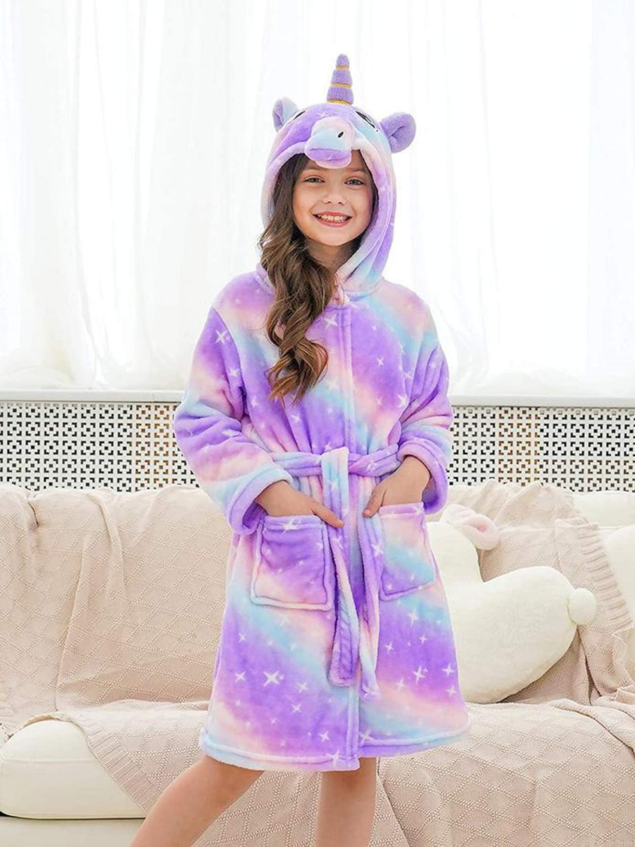 Unicorn Girls Robes Pajamas Bright Purple Galaxy Soft Onesie Hooded Bathrobe Sleepwear For Girls - Doctor Unicorn
