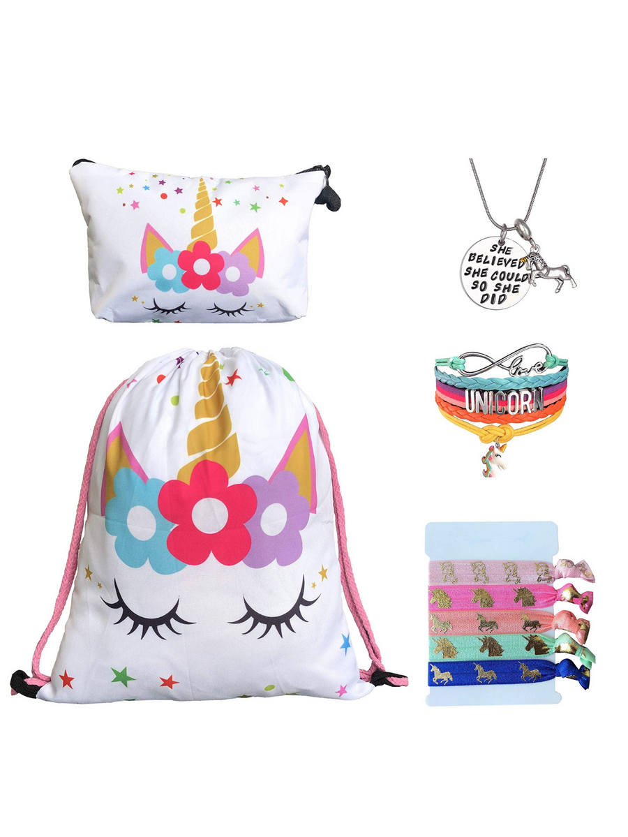 Unicorn Gifts for Girls - Unicorn Drawstring Backpack/Makeup Bag/Bracelet/Inspirational Necklace/Hair Ties (White Star Unicorn)