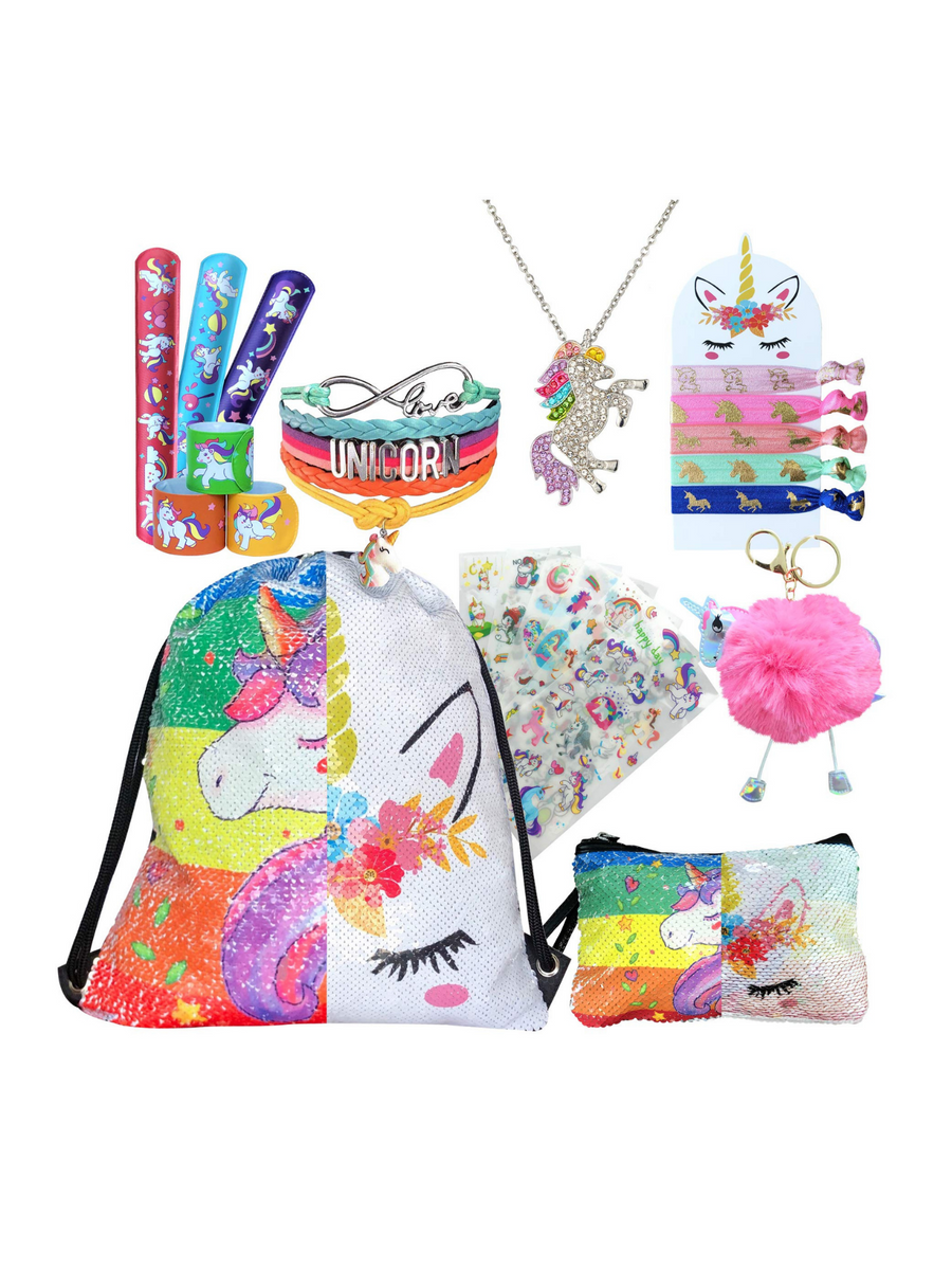 Unicorn Gifts for Girls - Unicorn Drawstring Backpack/Makeup Bag/Bracelet/Necklace/Hair Ties/Keychain/Sticker (Sequin Head-Flower 4)