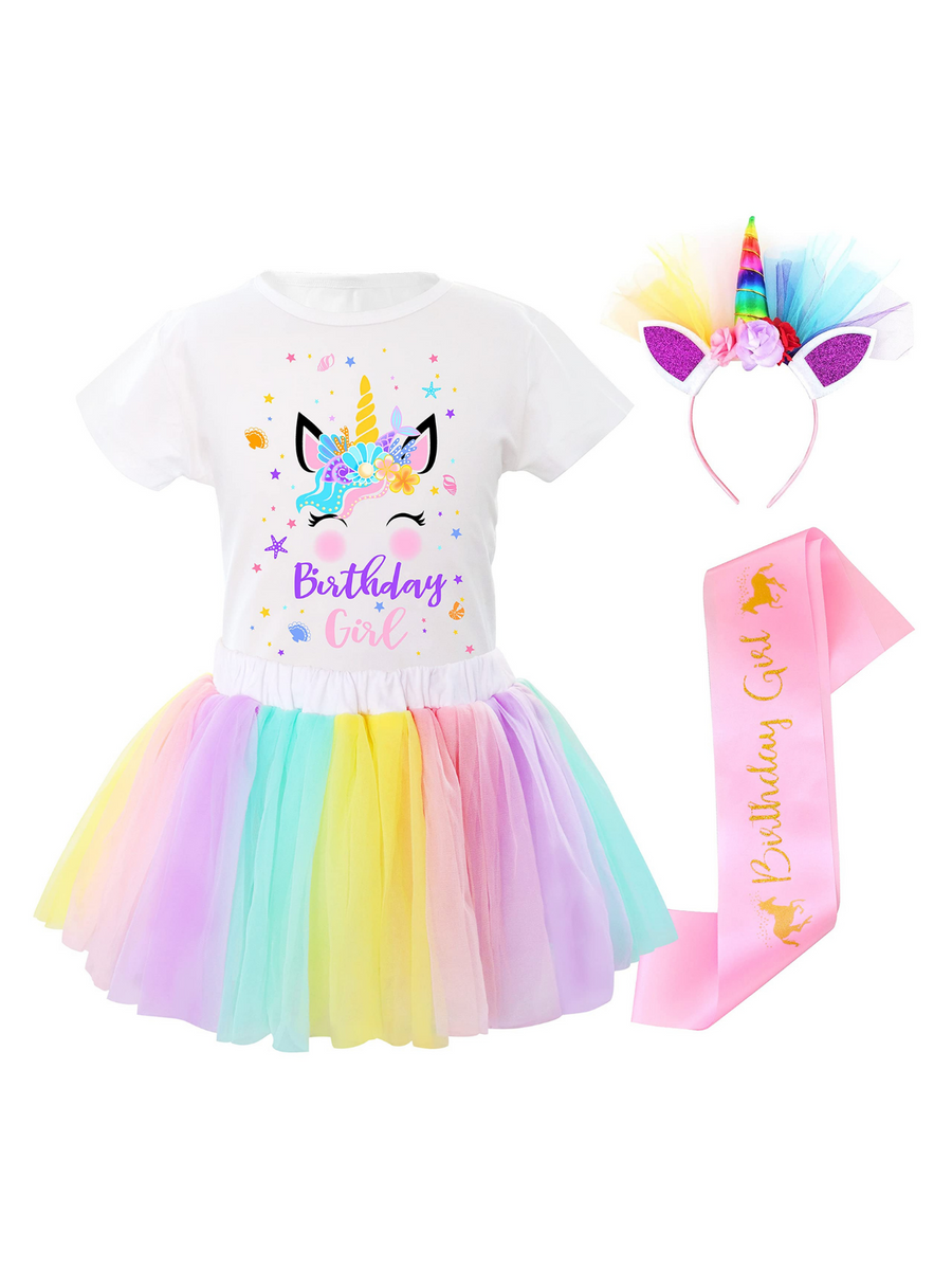 Unicorn Birthday Outfit Dresses  Girls Layered Rainbow Shell Mermaid Tutu Skirt with Unicorn Tshirt, Headband & Satin Sash - Doctor Unicorn