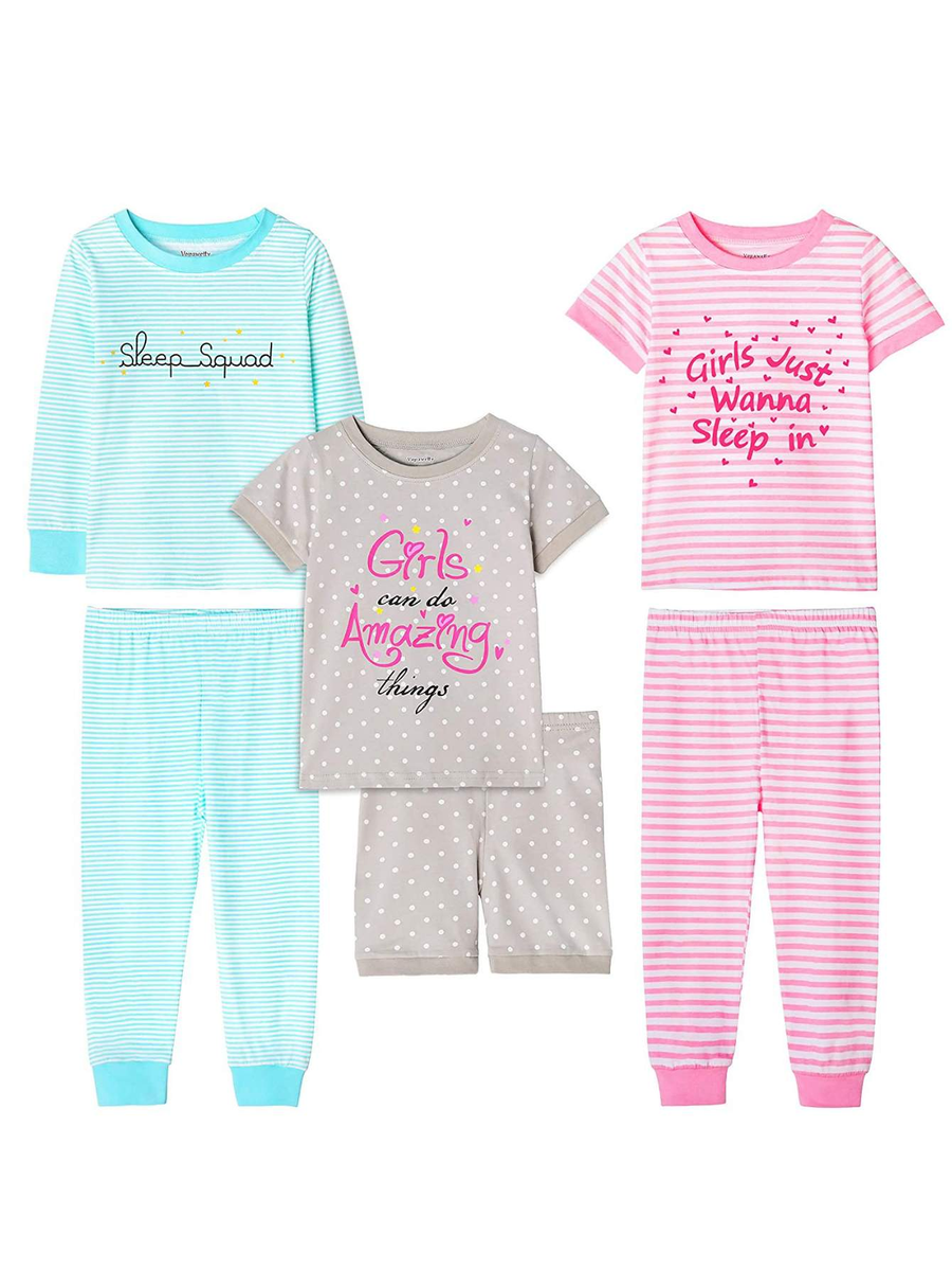 Girls' 6-Piece Snug-Fit Cotton Pajama Set Sleepwear Stripes/Dots