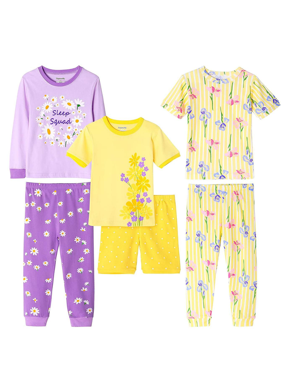 Girls' 6-Piece Snug-Fit Cotton Pajama Set Sleepwear Yellow/Purple Floral