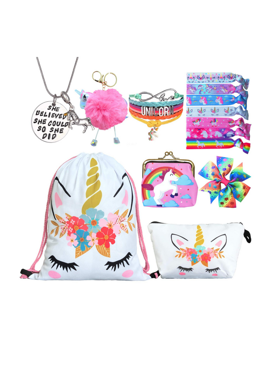 Unicorn Gifts for Girls - Unicorn Drawstring Backpack/Makeup Bag/Bracelet/Necklace/Hair Ties/Keychain/Sticker (White Flower 3)