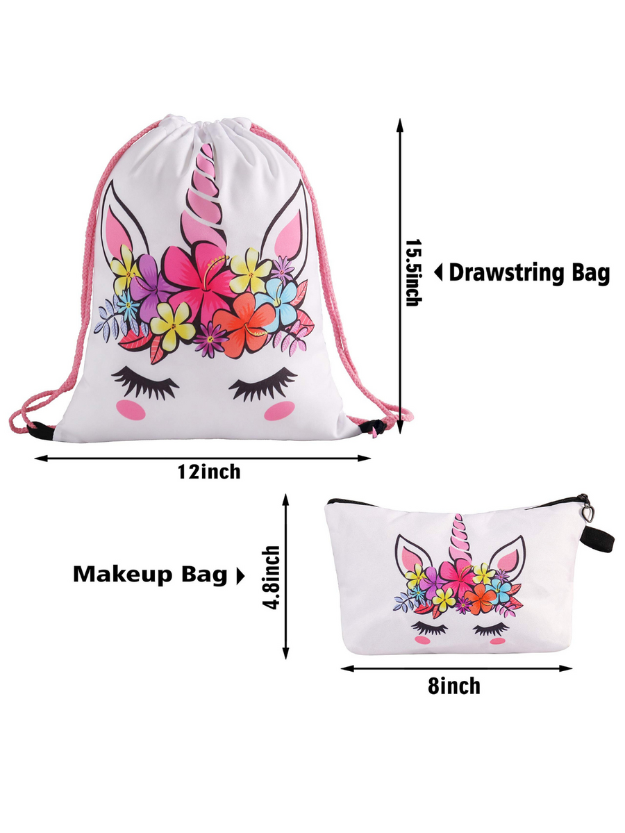 Unicorn Gifts for Girls - Unicorn Drawstring Backpack/Makeup Bag/Bracelet/Inspirational Necklace/Hair Ties (Cartoon Flower)