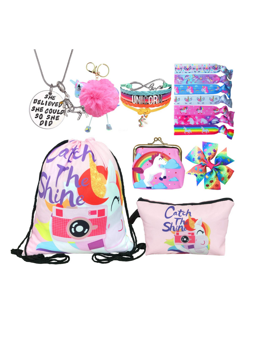Unicorn Gifts for Girls - Unicorn Drawstring Backpack/Makeup Bag/Bracelet/Necklace/Hair Ties/Keychain/Sticker (Catch the Shine 3)