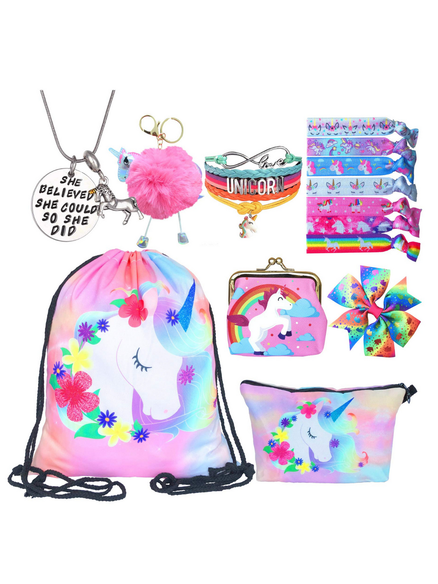 Unicorn Gifts for Girls - Unicorn Drawstring Backpack/Makeup Bag/Bracelet/Necklace/Hair Ties/Keychain/Sticker (Flower Head 3)