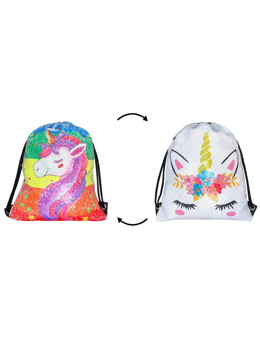 Unicorn Gifts for Girls - Unicorn Drawstring Backpack/Makeup Bag/Bracelet/Inspirational Necklace/Hair Ties (Sequin Unicorn Rainbow)
