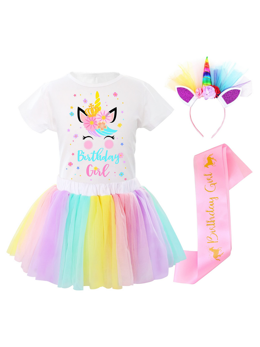 Unicorn Birthday Outfit Dresses Girls Layered Rainbow Floral Tutu Skirt with Unicorn Tshirt, Headband & Satin Sash - Doctor Unicorn