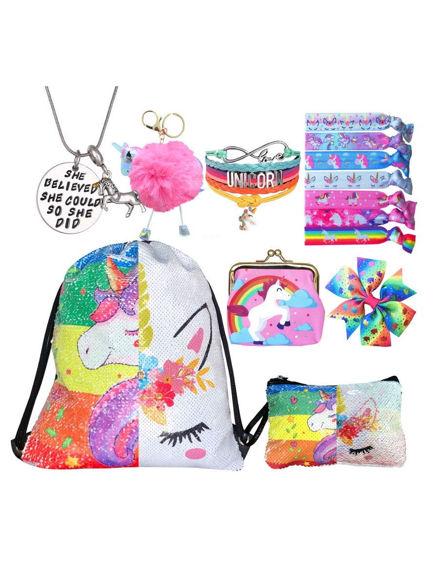 Unicorn Gifts for Girls - Unicorn Drawstring Backpack/Makeup Bag/Bracelet/Necklace/Hair Ties/Keychain/Sticker (Sequin Head-Flower 3)