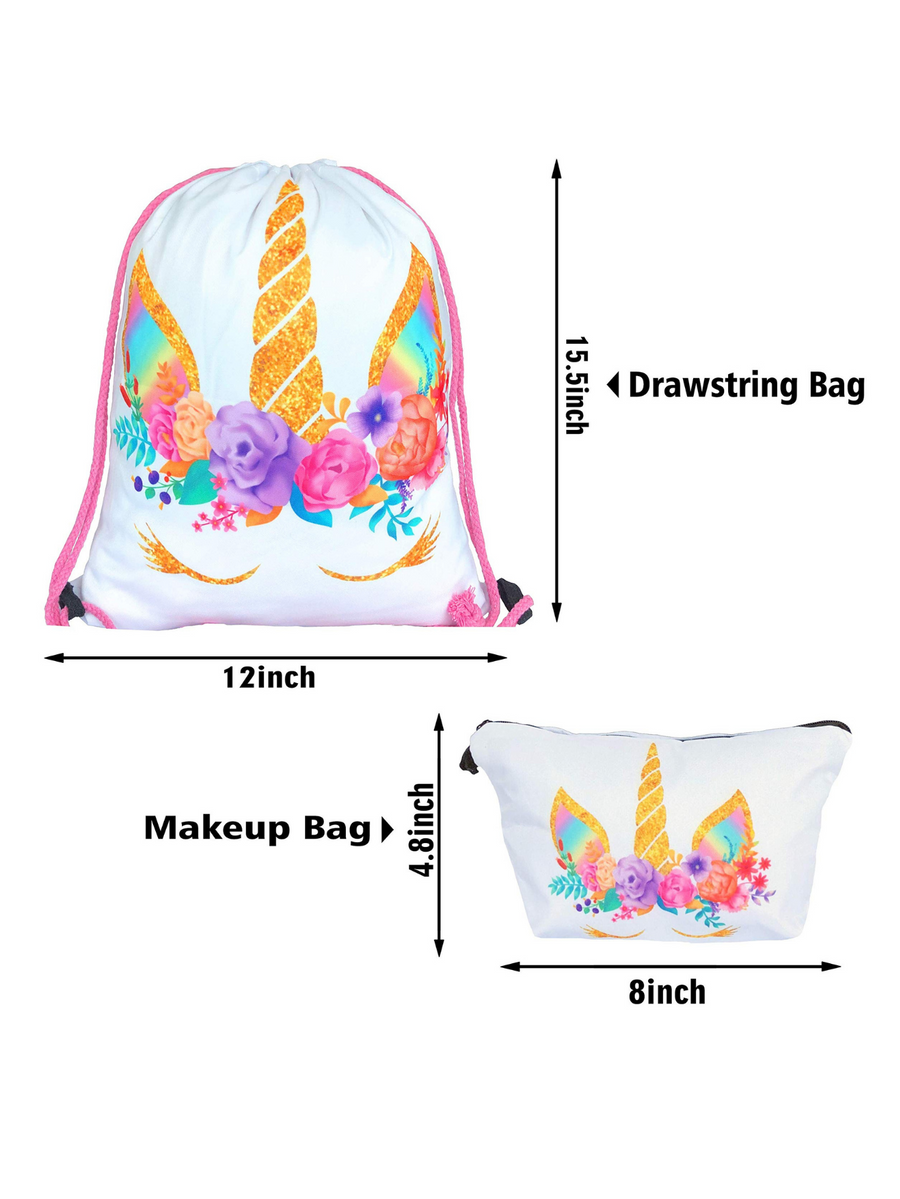 Unicorn Gifts for Girls - Unicorn Drawstring Backpack/Makeup Bag/Bracelet/Necklace/Hair Ties/Keychain/Sticker (White Rose 3)