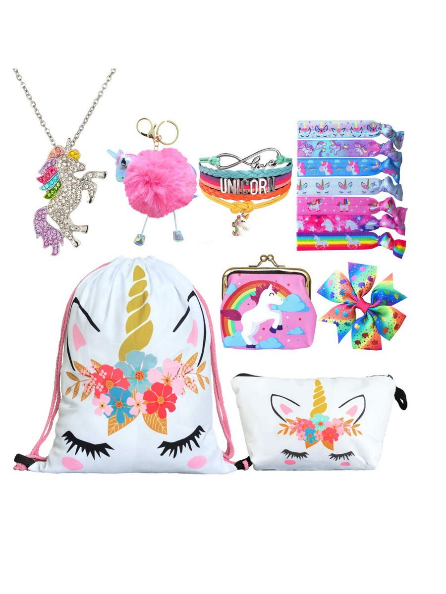 Unicorn Gifts for Girls - Unicorn Drawstring Backpack/Makeup Bag/Bracelet/Necklace/Hair Ties/Keychain/Sticker (White Flower 2)