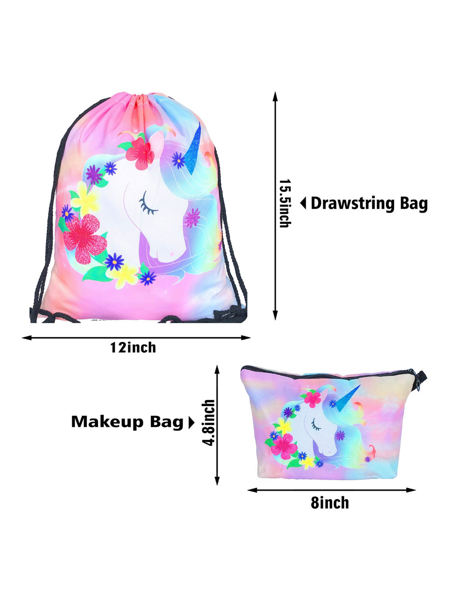 Unicorn Gifts for Girls - Unicorn Drawstring Backpack/Makeup Bag/Bracelet/Inspirational Necklace/Hair Ties (Flower Unicorn)