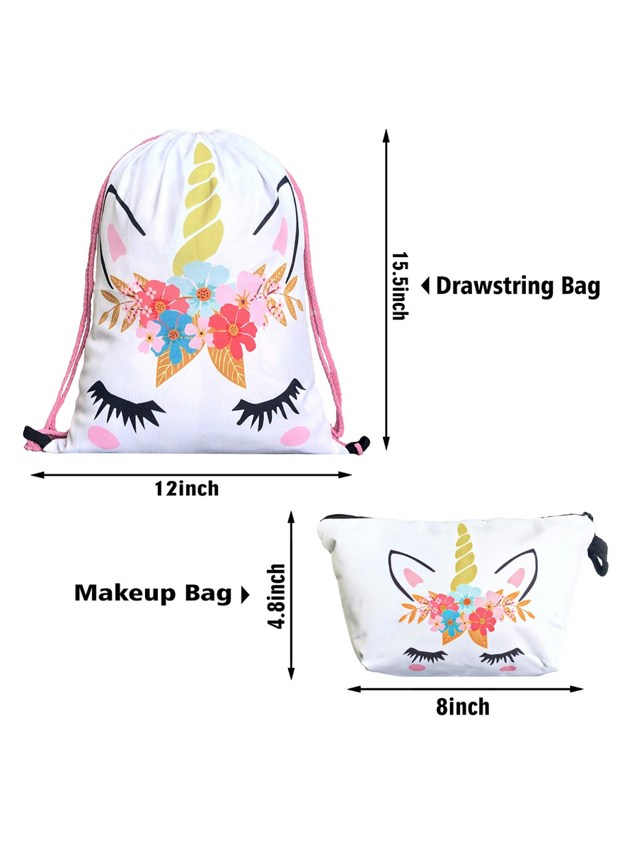 Unicorn Gifts for Girls - Unicorn Drawstring Backpack/Makeup Bag/Bracelet/Necklace/Hair Ties/Keychain/Sticker (White Flower 2)