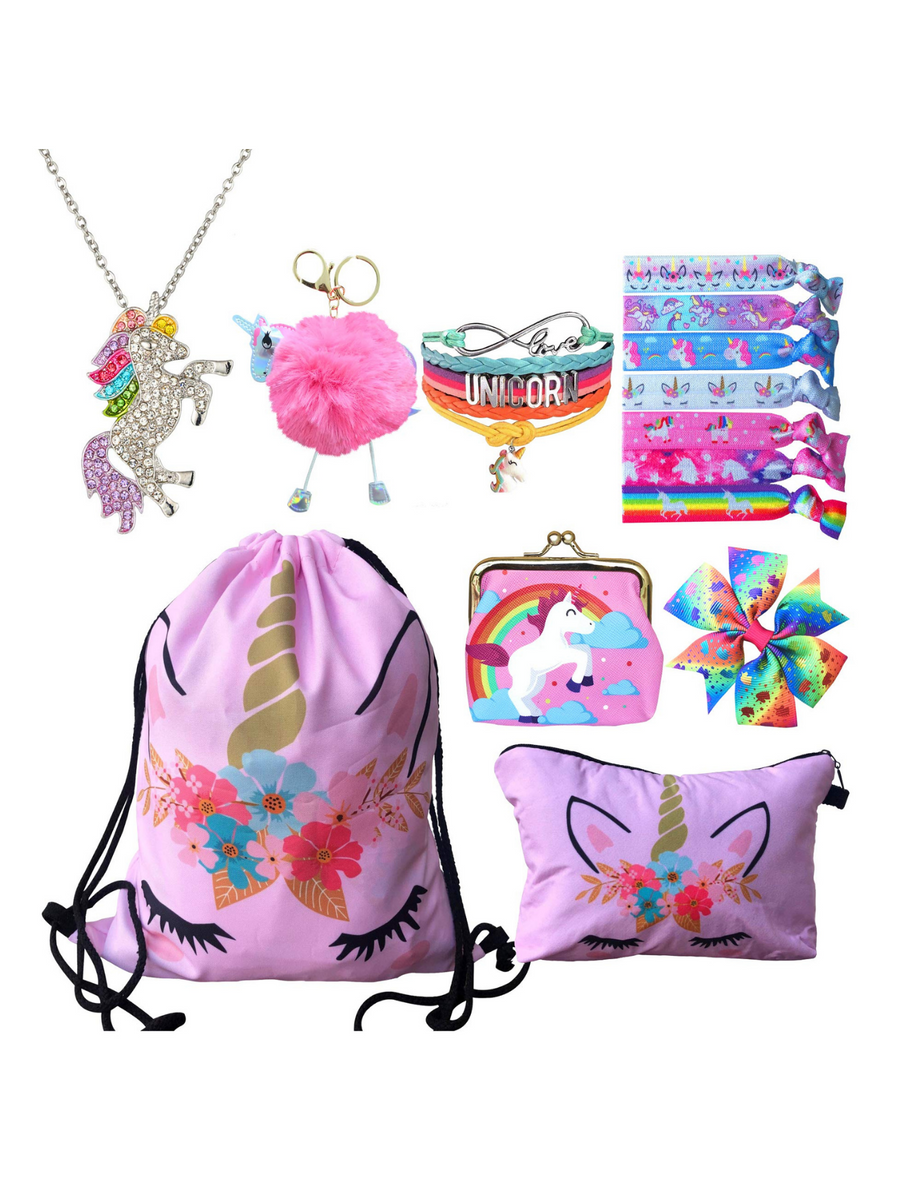 Unicorn Gifts for Girls - Unicorn Drawstring Backpack/Makeup Bag/Bracelet/Necklace/Hair Ties/Keychain/Sticker (Pink Flower 2)