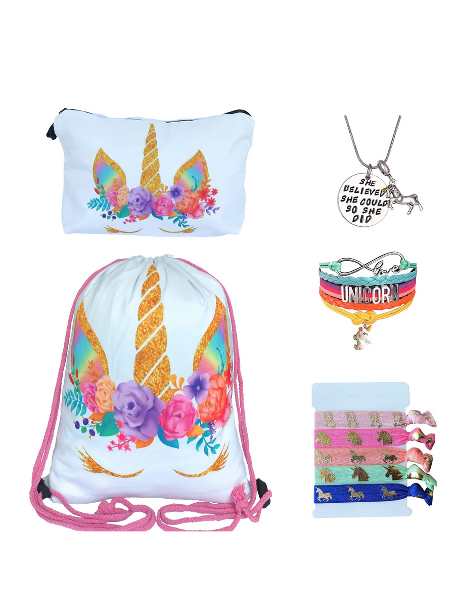 Unicorn Gifts for Girls - Unicorn Drawstring Backpack/Makeup Bag/Bracelet/Inspirational Necklace/Hair Ties (White Rose)