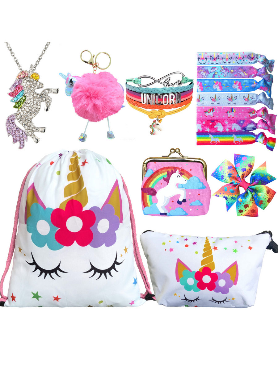 Unicorn Gifts for Girls - Unicorn Drawstring Backpack/Makeup Bag/Bracelet/Necklace/Hair Ties/Keychain/Sticker (White Star 2)