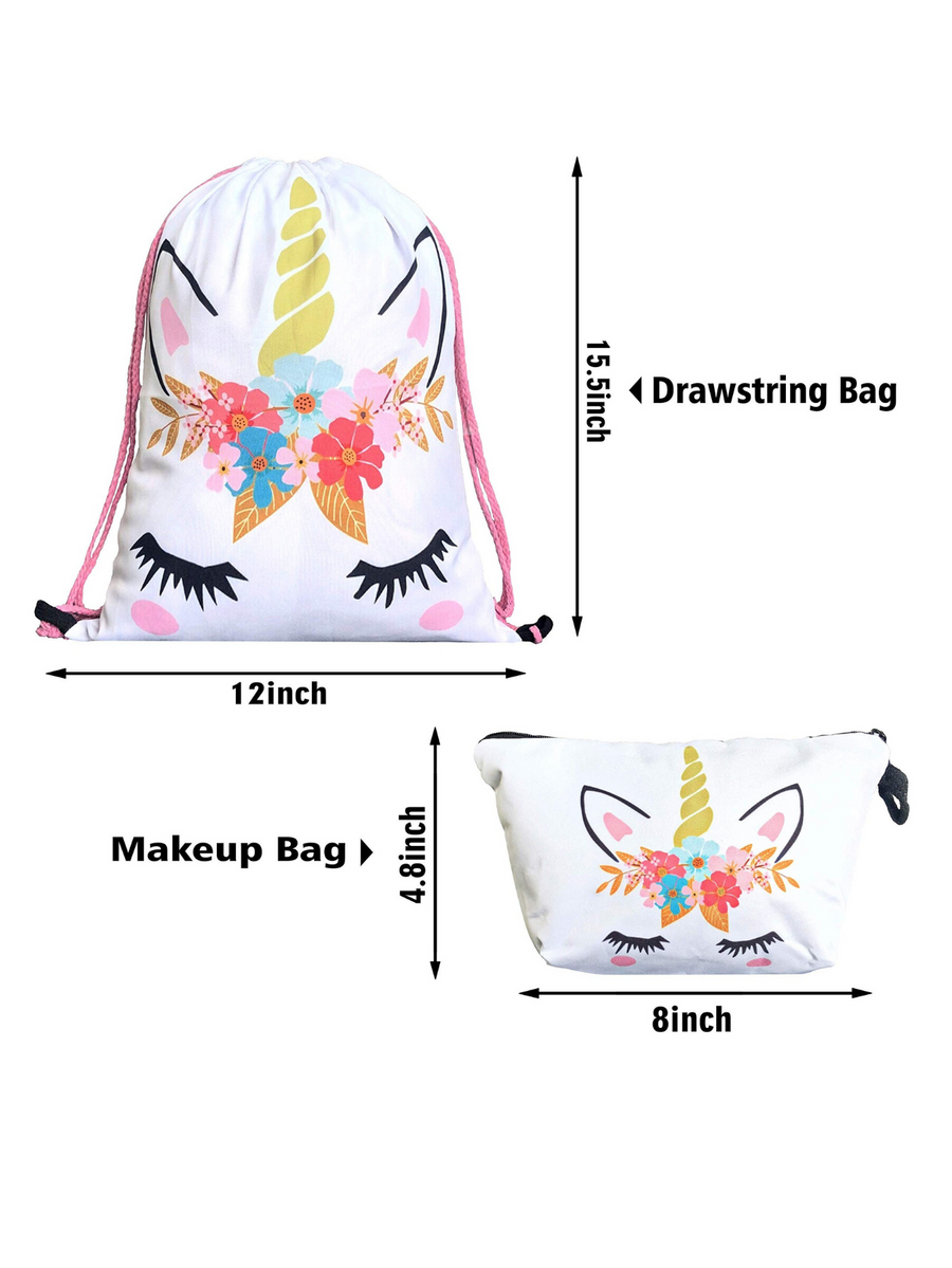 Unicorn Gifts for Girls - Unicorn Drawstring Backpack/Makeup Bag/Bracelet/Necklace/Hair Ties/Keychain/Sticker (White Flower 4)