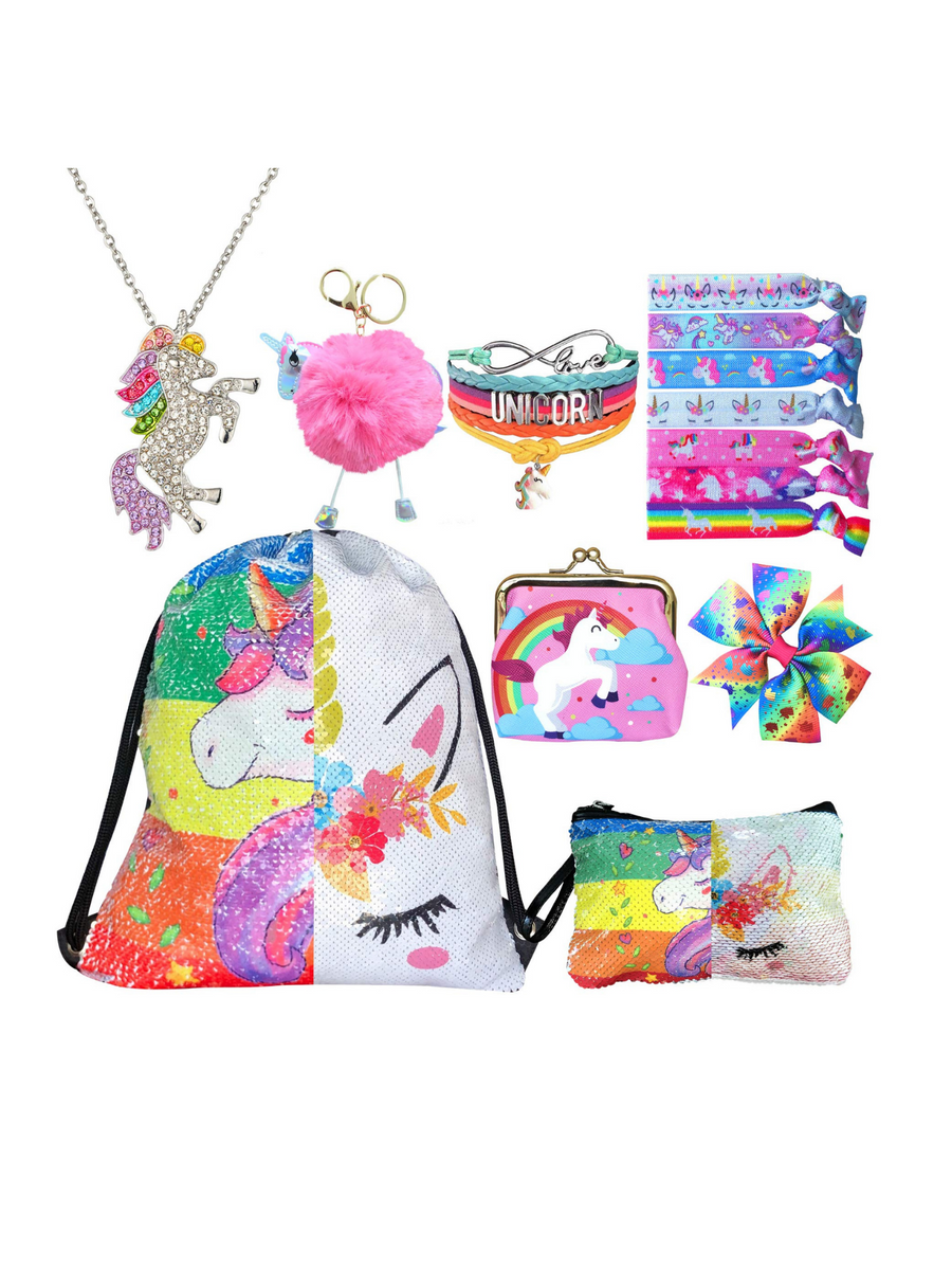 Unicorn Gifts for Girls - Unicorn Drawstring Backpack/Makeup Bag/Bracelet/Necklace/Hair Ties/Keychain/Sticker (Sequin Head-Flower 2)