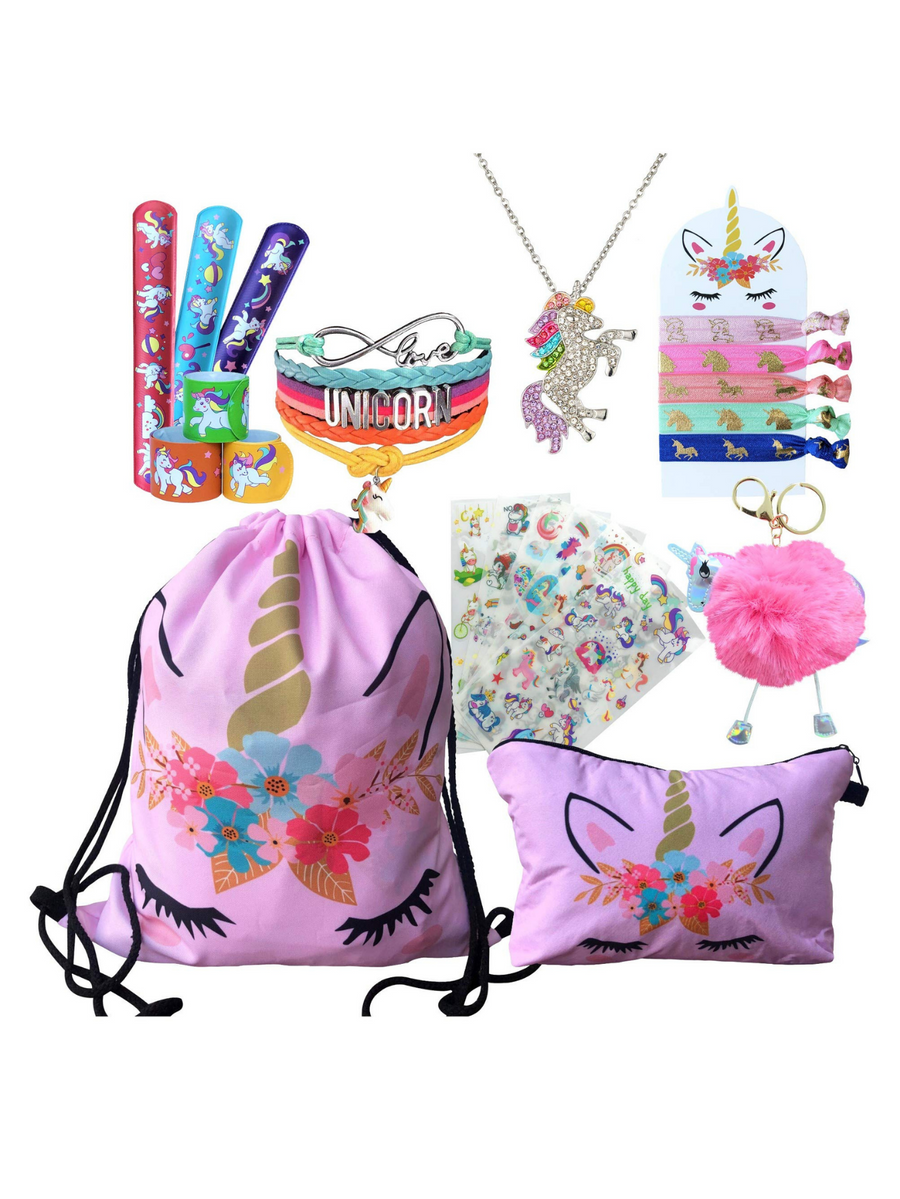 Unicorn Gifts for Girls - Unicorn Drawstring Backpack/Makeup Bag/Bracelet/Necklace/Hair Ties/Keychain/Sticker (Pink Flower 4)