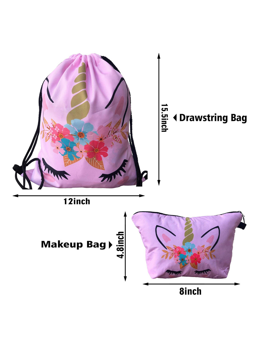 Unicorn Gifts for Girls - Unicorn Drawstring Backpack/Makeup Bag/Bracelet/Necklace/Hair Ties/Keychain/Sticker (Pink Flower 4)