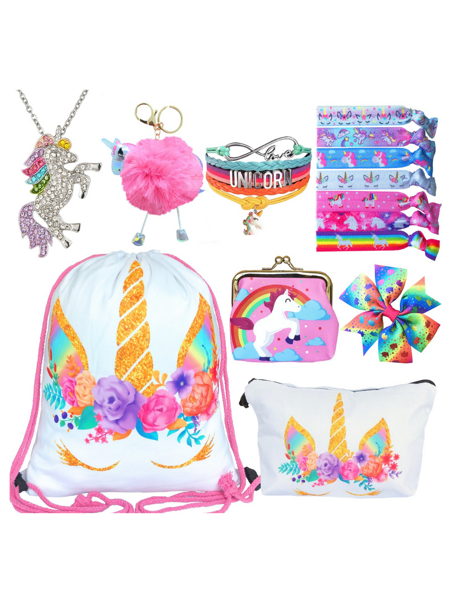Unicorn Gifts for Girls - Unicorn Drawstring Backpack/Makeup Bag/Bracelet/Necklace/Hair Ties/Keychain/Sticker (White Rose 2)