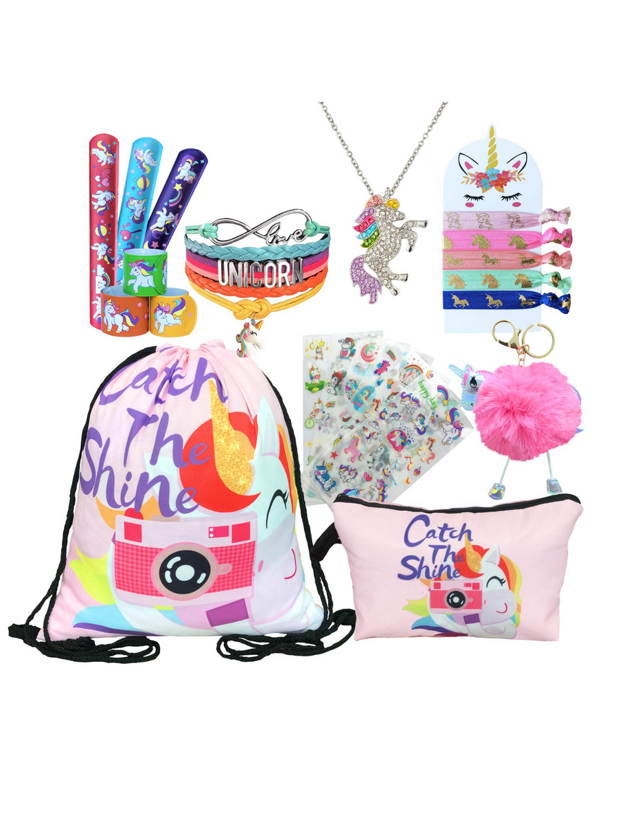 Unicorn Gifts for Girls - Unicorn Drawstring Backpack/Makeup Bag/Bracelet/Necklace/Hair Ties/Keychain/Sticker (Catch the Shine 4)